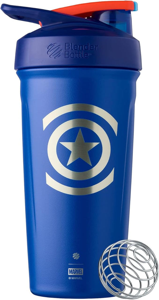 BlenderBottle Marvel Sport Insulated Stainless Steel Shaker Bottle with Wire Whisk, 24-Ounce, Captain America Shield – Protein Shakes & Hydration for Athletes & Fitness Enthusiasts, Easy Mixing, Keeps Drinks Cold, Lockable Lid