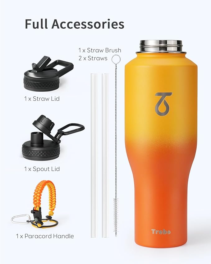 Trebo 40oz Insulated Water Bottle that Fits in Cup Holder, Stainless Steel Bottles Tumbler Double Wall Metal with Straw Spout Lids,Travel Flask with Paracord Handle, Sweat Proof Keep Cold &Hot,Orange