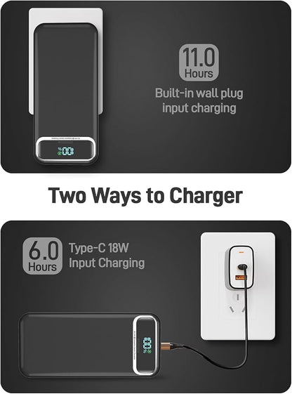 Portable Charger Power Bank with Built in Cables and AC Wall Plug,PD20W&SCP22.5W USB-C Super Fast Charging,20000mAh Travel Phone Charging,LED Display Battery Pack Compatible All iPhone Samsung etc
