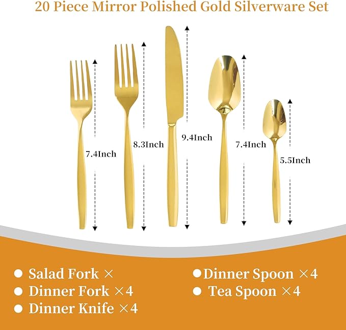Gold 20-Piece Silverware Set,Stainless Steel Flatware Utensils Cutlery Set for 4,Including Steak Knife Fork and Spoon,Dishwasher Safe,Modern Tableware for Home & Dining