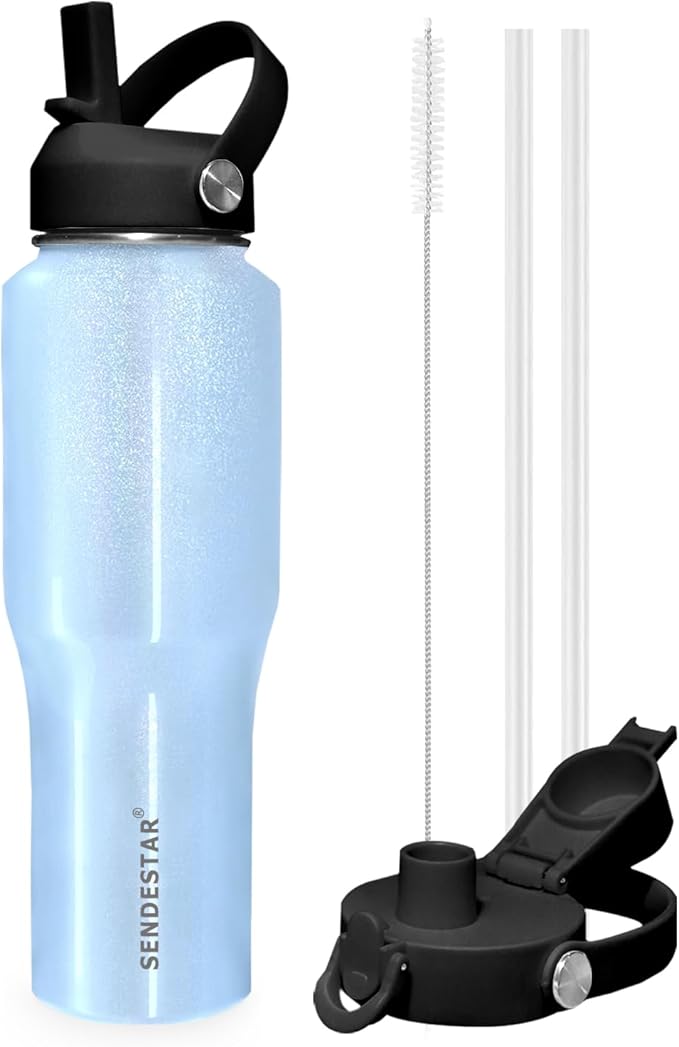 SENDESTAR 32oz Stainless Steel Water Bottle(Cold for 48 Hrs, Hot for 24 Hrs),Double Wall Vacuum Insulated Bottle with Straw Lid, Spout Lid and Flex Cap, Fit in Any Car Cup Holder,Laser Blue