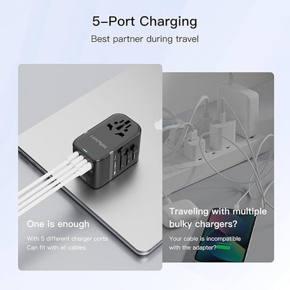 Universal Travel Adapter, PD100W International Power Adapter,3 USB-C & 2 USB-A Fast Charging Travel Charger, All in One Worldwide Travel Plug Adapter, Outlet Adapter for EU UK USA AU, Black