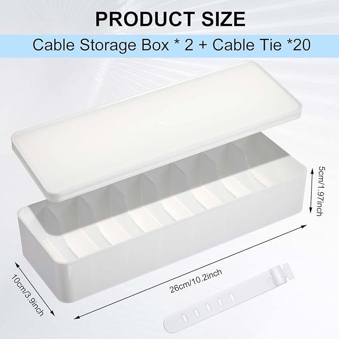 Tatuo 2 Pcs Cable Organizer Box with Wire Ties, Plastic Cord Storage Box with Lid, Electronics Organizer for Home Office Desk Organizers and Accessories (White)