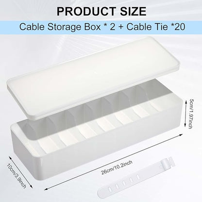 Tatuo 2 Pcs Cable Organizer Box with Wire Ties, Plastic Cord Storage Box with Lid, Electronics Organizer for Home Office Desk Organizers and Accessories (White)