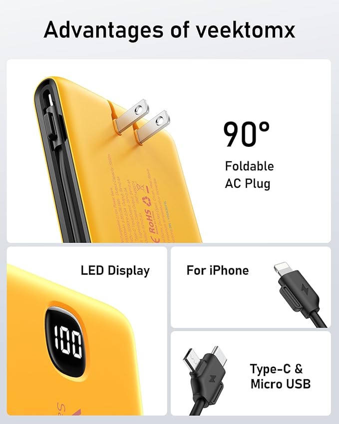 VEEKTOMX Portable Charger with Built in Cables 10000mAh, Power Bank for iPhone with Wall Plug, Travel Essential Fast Charging USB C Slim External Battery Pack for iPhone 17/16/15, Samsung, iPad, etc