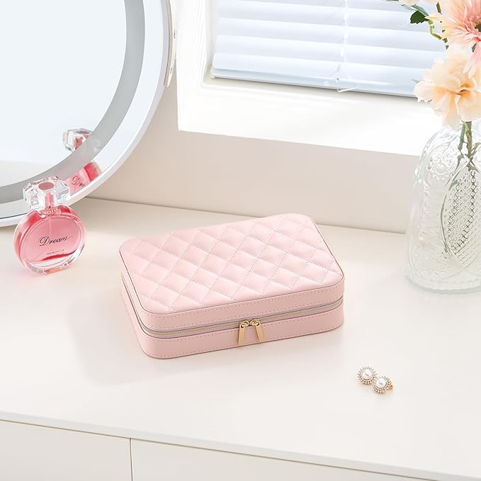 Lolalet Travel Jewelry Case for Women Girls, Travel Jewelry Organizer Box with Mirror & Clear Storage Bag, Small Portable Earring Necklace Bracelet Ring Case, Birthday Christmas Gifts -Medium, Pink