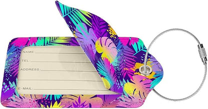Set of 2 Purple Leaves of Palms Tree Luggage Tags for Suitcases, Colorful Art Tropical Flavour Leather Suitcase Tag Name Identifiers Labels for Travel Bag Baggage Backpack