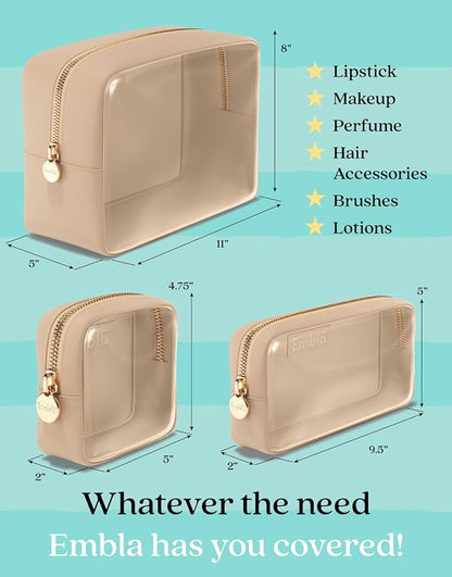 Clear Cosmetic Bags Set of 3, Mini Small Large Makeup Bags For Women Clear Pouch Cosmetics Cases Zipper Cute Pouches Make Up Travel Toiletry Essentials Preppy Purse Organizer Makeup Cases, Sand