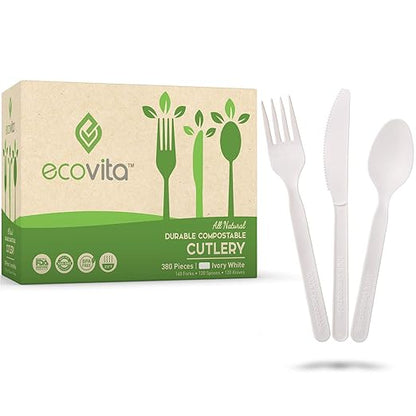 Ecovita 100% Compostable Forks Spoons Knives Cutlery Combo Set - 380 Large Disposable Utensils (7 in.) Eco Friendly Durable and Heat Resistant Alternative to Plastic Silverware with Convenient Tray