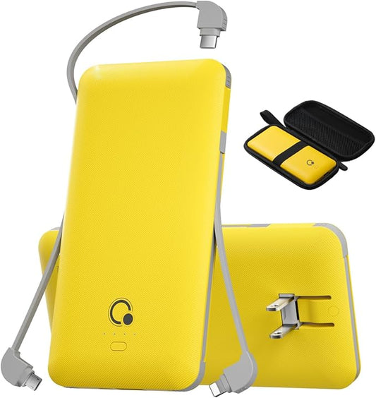 Q 10000mAh Power Bank, Slim Portable Charger,4 Output External Battery Pack with Built-in AC Wall Plug Micro USB C 3 Cables Compatible with iPhone Samsung Android Phone Tablet and More