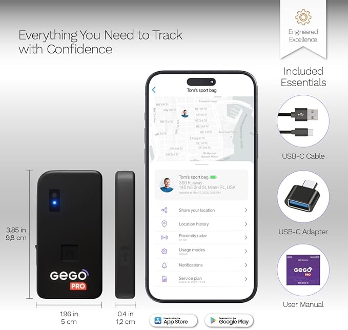 GEGO PRO - GPS Luggage Tracker, Real-Time Global Tracking for Bags, Luggage & Travel Gear, No BT Limits, Bag-Opening Alerts, Smart Travel Features, Multi-Network SIM (Subscription Required)
