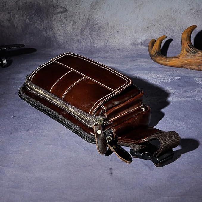 Rugged Pull-Up Leather Waist Bag for Men Full Grain Vintage Outdoor Compact Hip Pouch with Gift Box (Coffee)