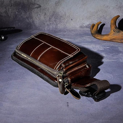 Rugged Pull-Up Leather Waist Bag for Men Full Grain Vintage Outdoor Compact Hip Pouch with Gift Box (Coffee)