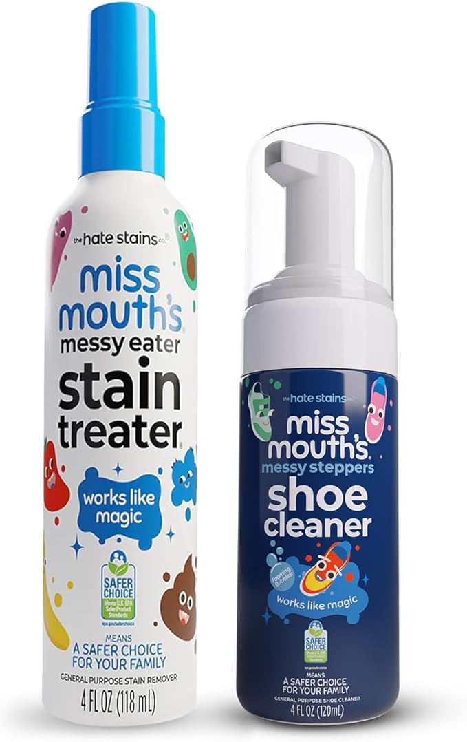 Miss Mouth's Messy Eater Stain Treater and Messy Steppers Shoe Cleaner Magic Duo - Stain Remover for Clothes, Carpet, Upholstery and Shoe Cleaner for Sneakers, Leather, Cloth, Mesh
