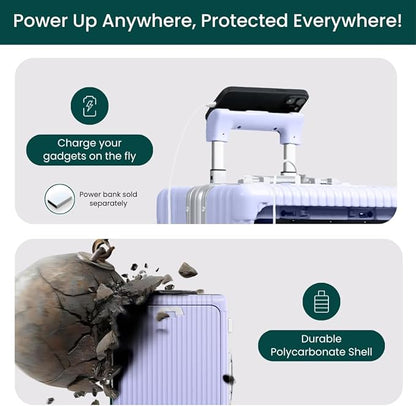 Nobl Travel Carry On Luggage, Noble Zipperless Aluminum Frame PC Hard Shell Suitcase, 22.5x15x9.5 Airline Approved, 360° Spinner Wheels, TSA Locks, USB Charging Port, Cup & Phone Holder - Lavender