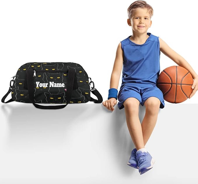 AUUXVA Custom Black Cat Animal Pattern Personalized Text Gym Duffle Bag for Kids, Sports Bag for Teens Boys & Girls, Small Waterproof Overnight Weekender Carry Practice Travel Bag