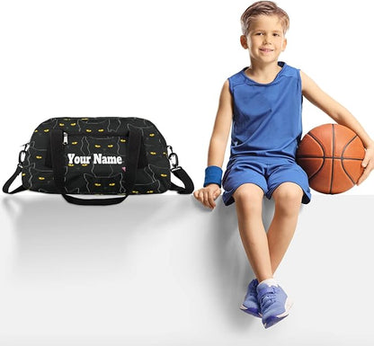 AUUXVA Custom Black Cat Animal Pattern Personalized Text Gym Duffle Bag for Kids, Sports Bag for Teens Boys & Girls, Small Waterproof Overnight Weekender Carry Practice Travel Bag