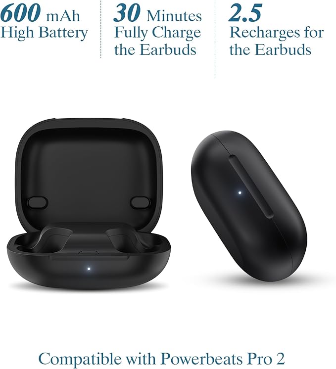 Jinstyles Wireless Charging Case for Powerbeats Pro 2: Portable Replacement Charger with Bluetooth Pairing Sync Button, 600mAh Built-in Battery, Earbuds Not Included