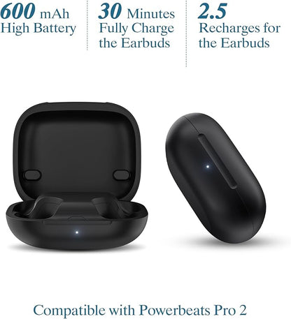 Jinstyles Wireless Charging Case for Powerbeats Pro 2: Portable Replacement Charger with Bluetooth Pairing Sync Button, 600mAh Built-in Battery, Earbuds Not Included