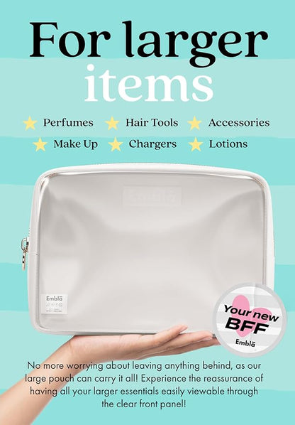 Embla Clear Cosmetic Bag Makeup Case, Clear Zipper Make Up Pouch and Toiletry Travel Tote, Cute Skincare Pouches for Women Girls, Preppy Purse Cosmetic Organizer, Large Makeup Bags, White