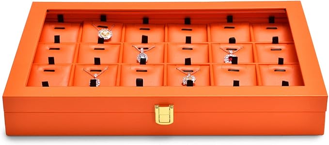 Oirlv Premium Leather Jewelry Tray with 24 Grid Removable Jewelry Cards Necklace Organizer Box with Transparent Acrylic Lid Necklace Pendant Display Case