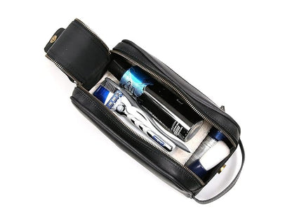 10" Premium Leather Toiletry Travel Pouch With Waterproof Lining Black Color | King-Size Handcrafted Vintage Shaving Kit By Aaron Leather Goods (Florida Black)