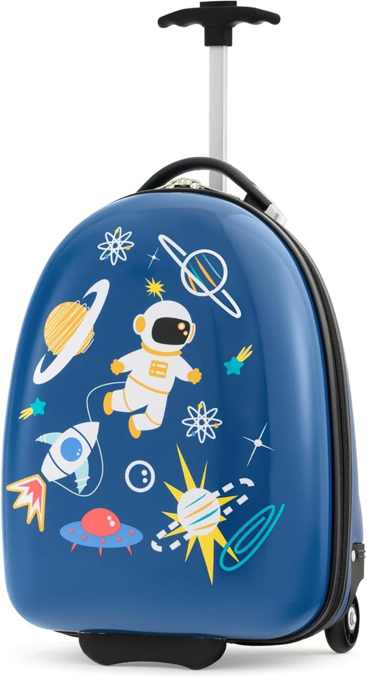 HONEY JOY Kids Luggage, 16” Children Rolling Suitcase w/Wheels & Telescopic Handle, Hard Shell Lightweight Travel Luggage for Toddlers, Carry On Luggage with Wheels for Boys Girls(Blue Astronaut)