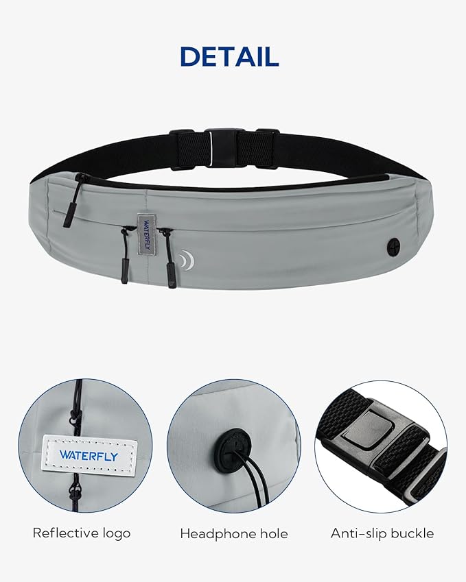 WATERFLY Running Belt Fanny Pack: Runner Marathon Jogging Waist Pack Sport Workout Exercise Fitness Phone Holder Belt for Men Women Jogger Slim Waistband Black