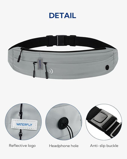 WATERFLY Running Belt Fanny Pack: Runner Marathon Jogging Waist Pack Sport Workout Exercise Fitness Phone Holder Belt for Men Women Jogger Slim Waistband Black