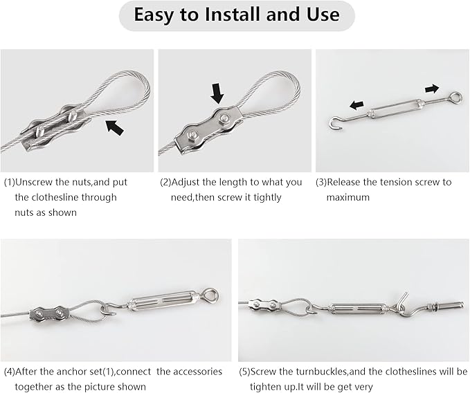 Clotheslines,20ft Portable Windproof Clothes Rope Line with Stainless Steel Cable Tightener System Multipurpose Heavy Duty Laundry Rope for Christmas Decor Outdoor/Indoor/Home/Drying (20Ft/6m)