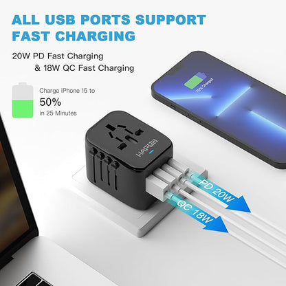 Universal Travel Adapter, PD20W International Power Adapter, 2 USB-C & 2 USB-A Fast Charging Travel Charger, All in One Worldwide Travel Plug Adapter, Outlet Adapter for Europe EU UK USA AU