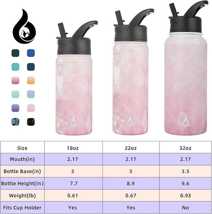 BJPKPK Insulated Water Bottles with Straw Lid, 18oz Stainless Steel Metal Water Bottle, Cold Hot Thermo with 3 Lids, Leak Proof BPA Free Travel Cup, Wide Mouth Flasks - Blossom