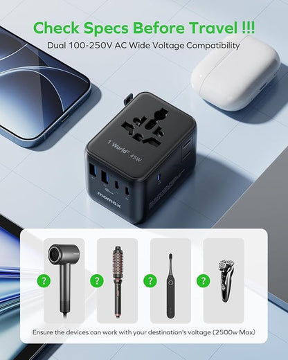 MOMAX 7-in-1 Universal Travel Adapter, GaN 45W iPhone 17 European Travel Plug Adapter, 3 USB-C PD & 2 USB-A QC,2 AC, International Power Adapter for Travel UK EU AUS JP, Travel Essentials