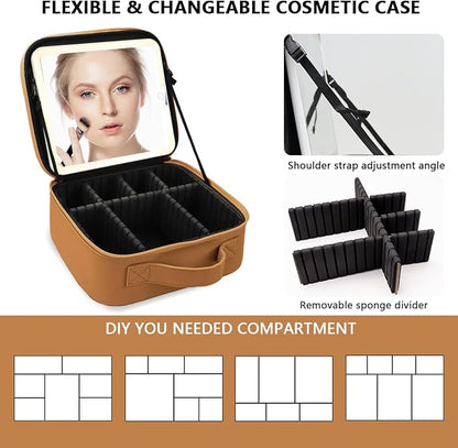 Travel Makeup Bag for Women and Makeup Artists Cosmetic Organizer Large Makeup Case,Travel Makeup Bag with Mirror 3 Color Setting,Portable Storage and Adjustable Dividers(brown)