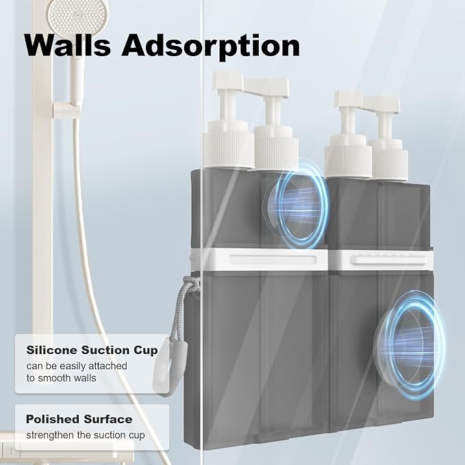 YOTIME 4in1 Travel Bottles Set, Vacuum Silicone Suction Cup for Smooth Walls, TSA Approved Leak Proof Travel Size Containers for Toiletries, Shampoo, Body Wash and Conditioner, Gray