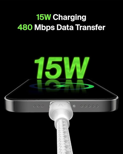 Belkin USB A to USB C Cable, 6.6ft, 15W - Type C Charger, iPhone Charger Cord, Soft, Braided, Flexible for iPhone 16 & 15, Galaxy S25, Pixel 9, iPad Pro, Airpods Pro, Switch & More - White