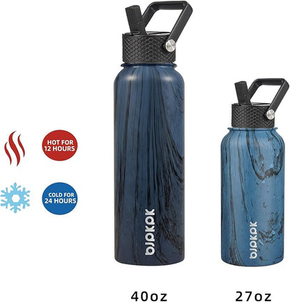 BJPKPK Insulated Water Bottles with Straw Lid, 40oz Stainless Steel Water Bottles with 3 Lids, BPA Free Leakproof Thermo, Tumblers, Cups for Sports- Wood Prussian Blue