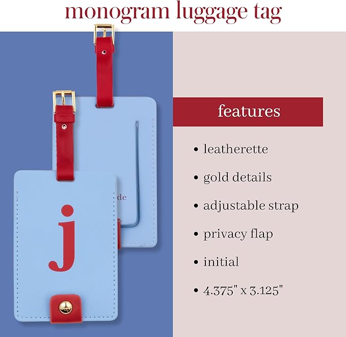 Kate Spade New York Leatherette Luggage Tag with Secure Strap, Colorful Suitcase Identifier for Travel, Monogram Bag Tag ID (J)