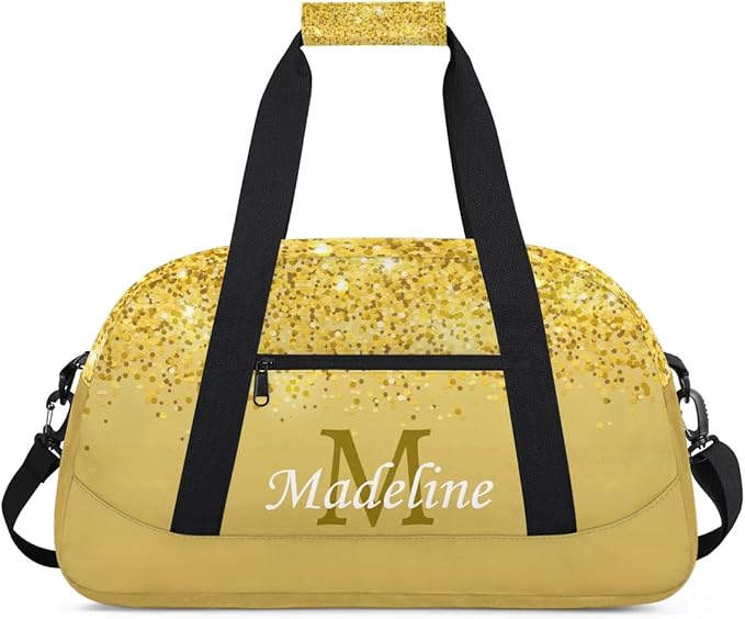Personalized Kids Sports Duffel Bag with Name Custom Weekender Overnight Bag for Boys Girls Gym Bag Travel Dance Gymnastics Duffel Bag, Gold Glitter