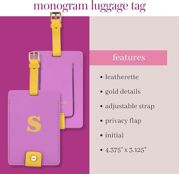 Kate Spade New York Leatherette Luggage Tag with Secure Strap, Colorful Suitcase Identifier for Travel, Monogram Bag Tag ID (S)