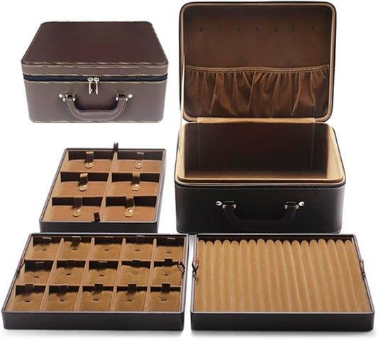 Jewelry Trays stacks Carriable with Handle Zipper Large Box Organizer Faux-Leather Accessory Case Storage(L3-BR)