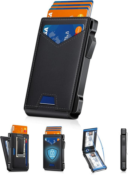 Wallet for Men RFID Wallet with 2 ID Windows & Money Clip, Slim Pop Up Card Holder for 10-12 Cards, Bifold Minimalist Smart Wallet for Front Pocket, Compact Metal Credit Card Holder, Gifts for Men