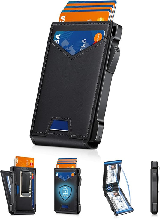 Wallet for Men RFID Wallet with 2 ID Windows & Money Clip, Slim Pop Up Card Holder for 10-12 Cards, Bifold Minimalist Smart Wallet for Front Pocket, Compact Metal Credit Card Holder, Gifts for Men