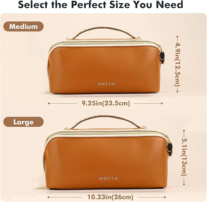Prite Makeup Bag for Women Travel Waterproof Vegan Leather Cosmetic Bag Open Flat Toiletry Bag With Clear Divider and Handle
