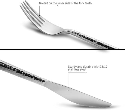 18/10 Stainless Steel Flatware Set Hand Forged Silverware Set Cutlery Set Round Hammered Handle Mirror Finished Heavy Duty 20 Pieces Service for 4