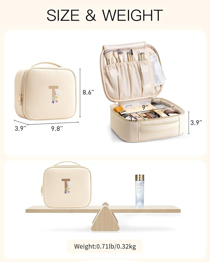 Vlando Mother Day Gift,Initial A-Z Makeup Travel Bag, Personalized Gifts for Friendship Bridesmaid Thank You Teacher（Letter T