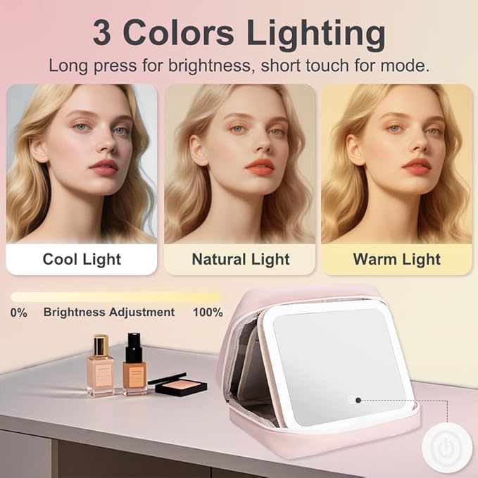 Glint&Glide Travel Makeup Bag with LED Lighted Detachable Mirror, Tri-light Dimmable - Hanging Multi-Compartment Organizer for Women, Portable Cosmetic Case with Four Divided Storage, Pink