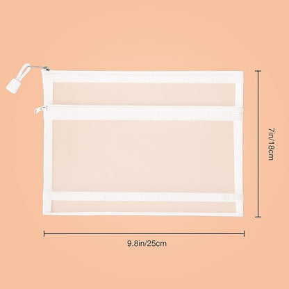 12 Pieces Zipper Nylon Mesh Pouch, Mesh Cosmetic Bags Makeup Bags Pencil Case, Multipurpose Travel Bags for Cosmetic School Office Supplies and Travel Accessories (2 Layers-White, A5)