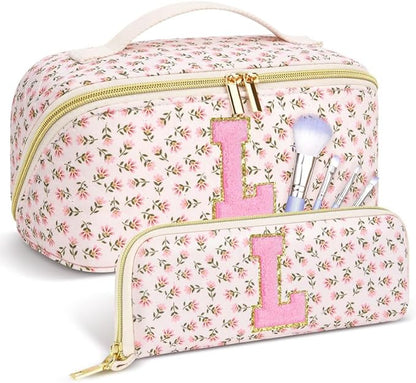 Personalized Travel Makeup Bag Set,Initial Travel Cute Floral Makeup Organizer Bag,Toiletry Skincare Cosmetic Bag,Christmas Gifts for Women/Girls,Open Flat Toiletry Pouch with Brush Pocket-L