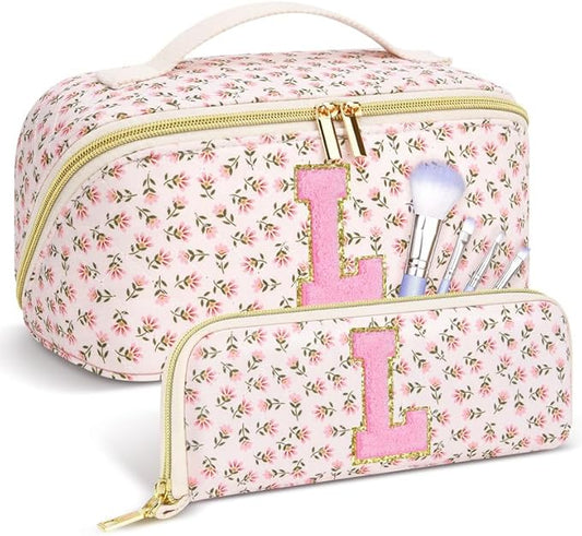 Personalized Travel Makeup Bag Set,Initial Travel Cute Floral Makeup Organizer Bag,Toiletry Skincare Cosmetic Bag,Christmas Gifts for Women/Girls,Open Flat Toiletry Pouch with Brush Pocket-L
